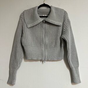 Aerie Double Zip Knit Foldover Grey Cardigan Sweater Size Medium Rugby Cozy